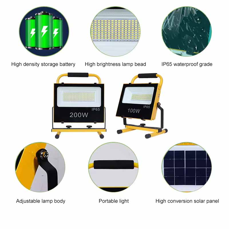 Solar panel portable floodlight 100W 200Watt standing recharge led flood light with tripod stand