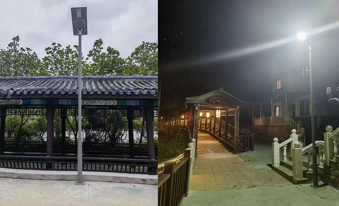 مصباح إنارة شوارع يعمل بالطاقة الشمسية متكامل ومقاوم للماء، مزود بإضاءة LED خارجية، مناسب للحدائق والساحات والطرق والمزارع.