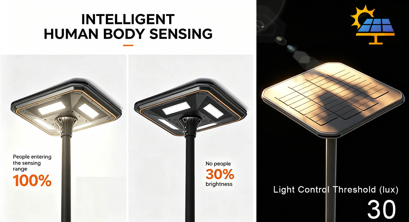 When the ambient light is below the threshold of 30lux, the street lamp will automatically turn on; Automatically shut down after dawn to avoid energy waste. When the ambient light is below the threshold of 30lux, the street lamp will automatically turn on; Automatically shut down after dawn to avoid energy waste.