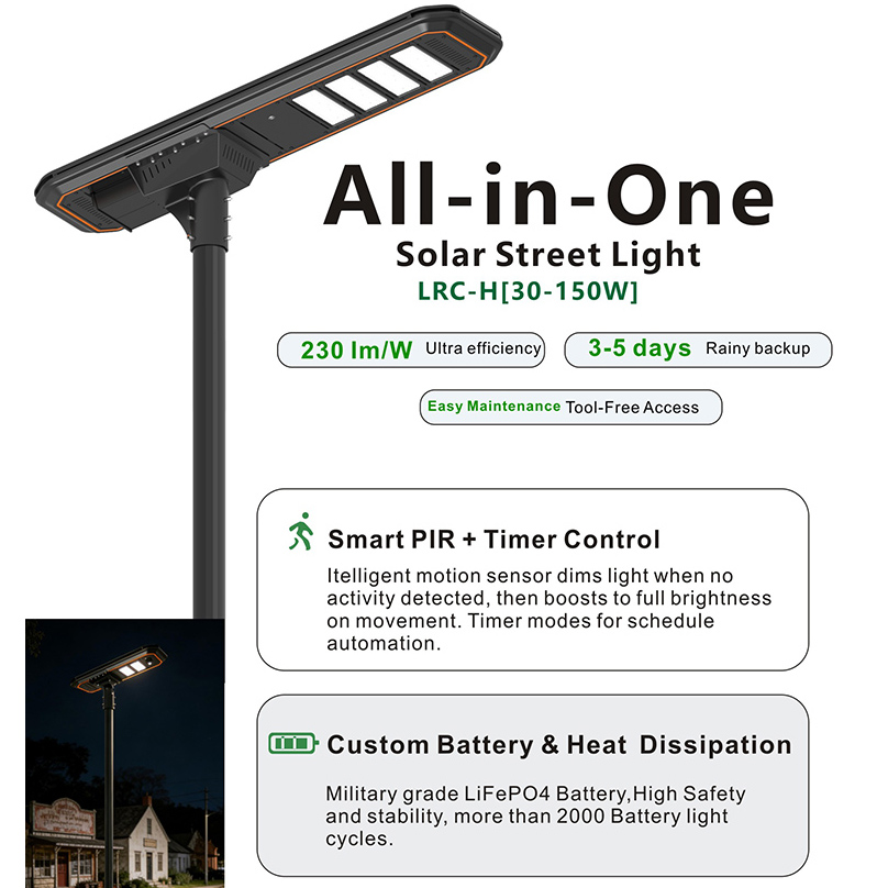 12.8V Large Capacity LiFePO4 Battery Integrated Solar Street Light IP66 Waterproof Outdoor LED Solar Road Light With Remote Control